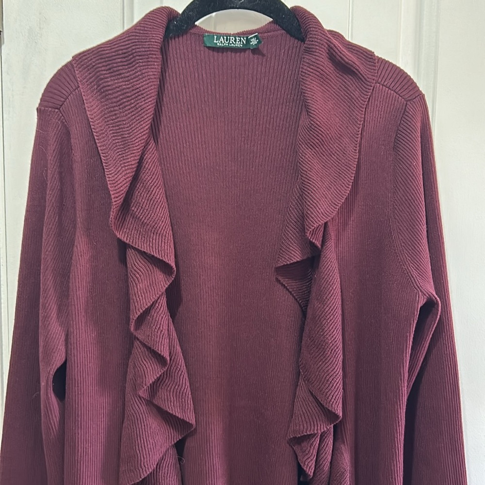 Lauren Ralph Lauren Maroon Burgundy Red long sleeve cardigan open sweater - Picture 3 of 11